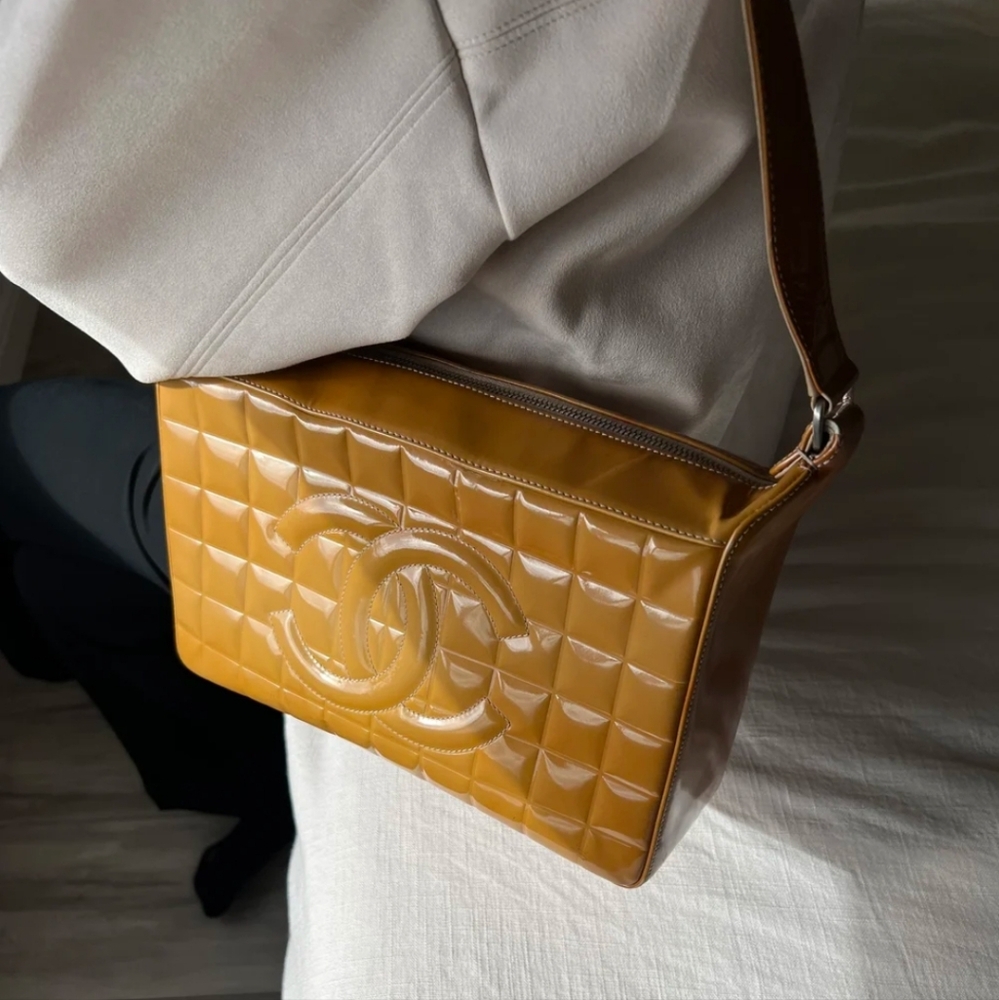 Chanel Yellow Patent Leather Chocolate Bar Quilted Bag